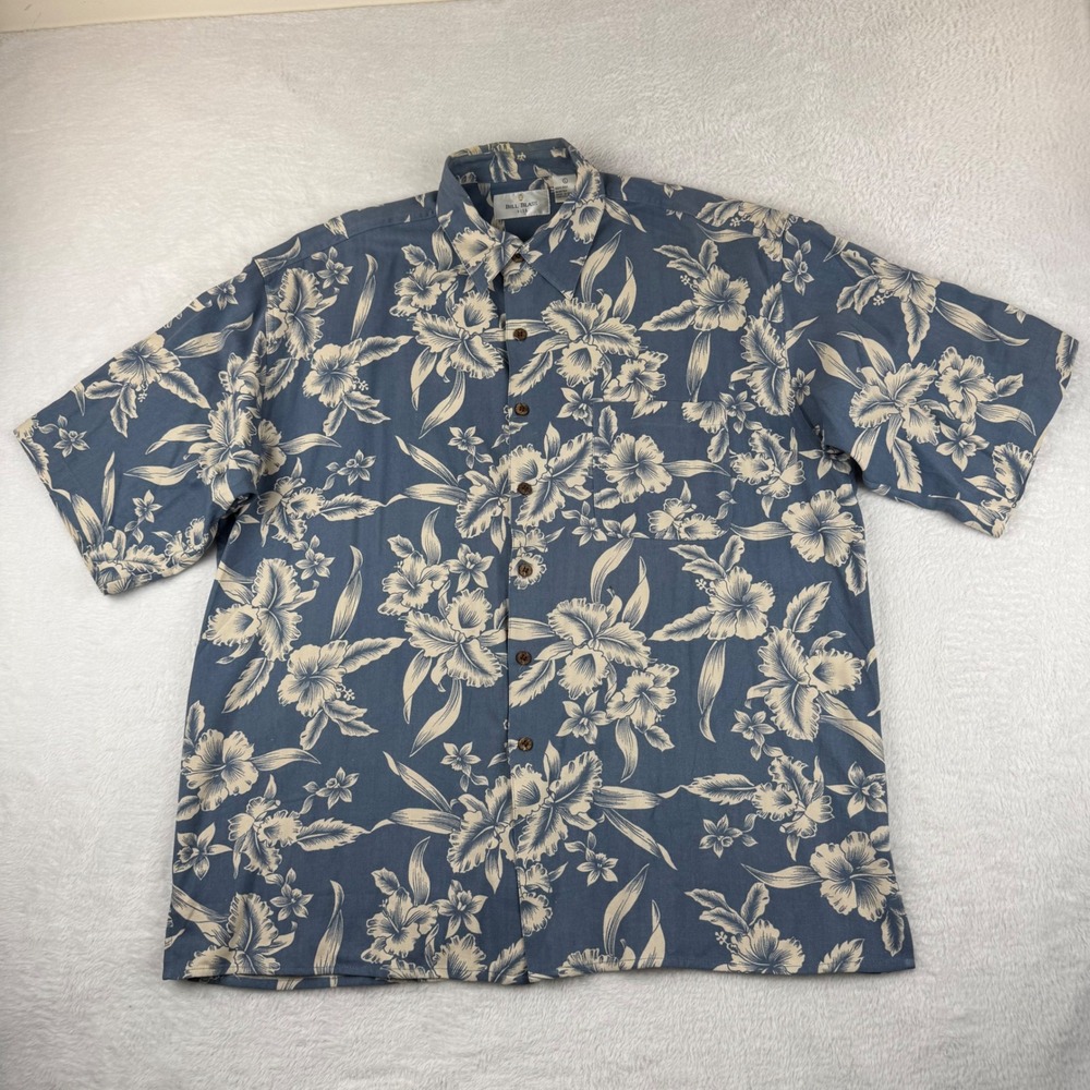Bill Blass Silk Button Down Shirt Mens Large Blue Floral Tropical Short Sleeve